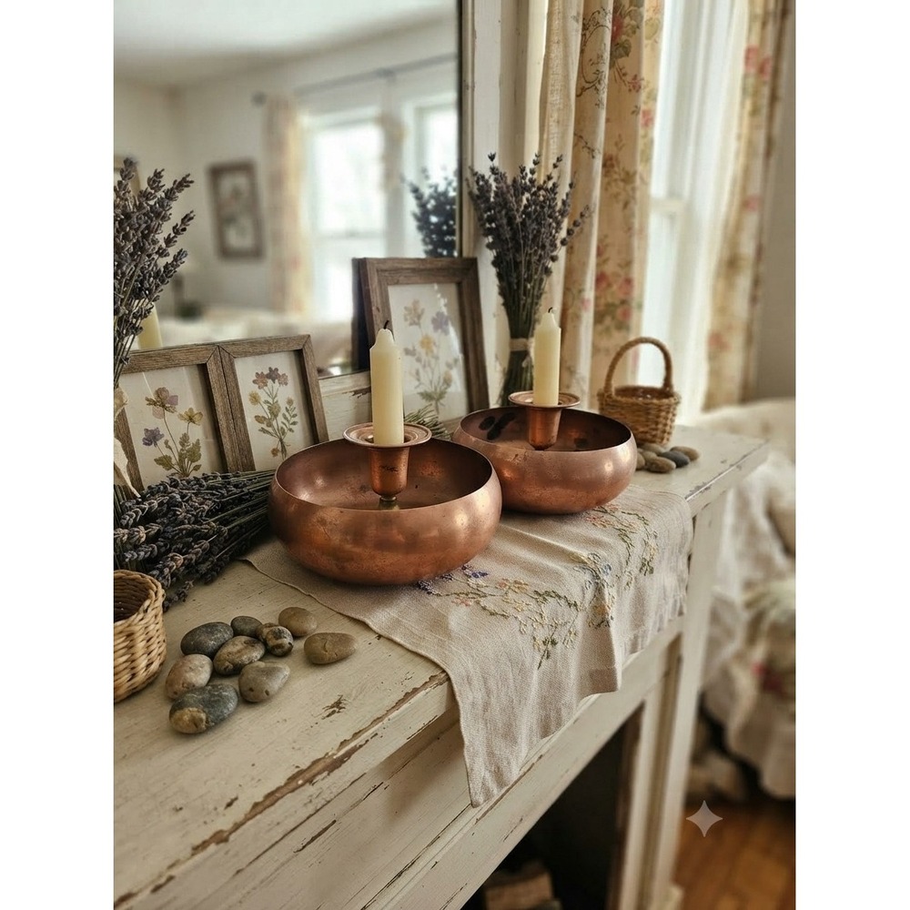 Vintage Pair of Solid Copper Bowl Candle Holders Rustic Decor Patina Cottagecore